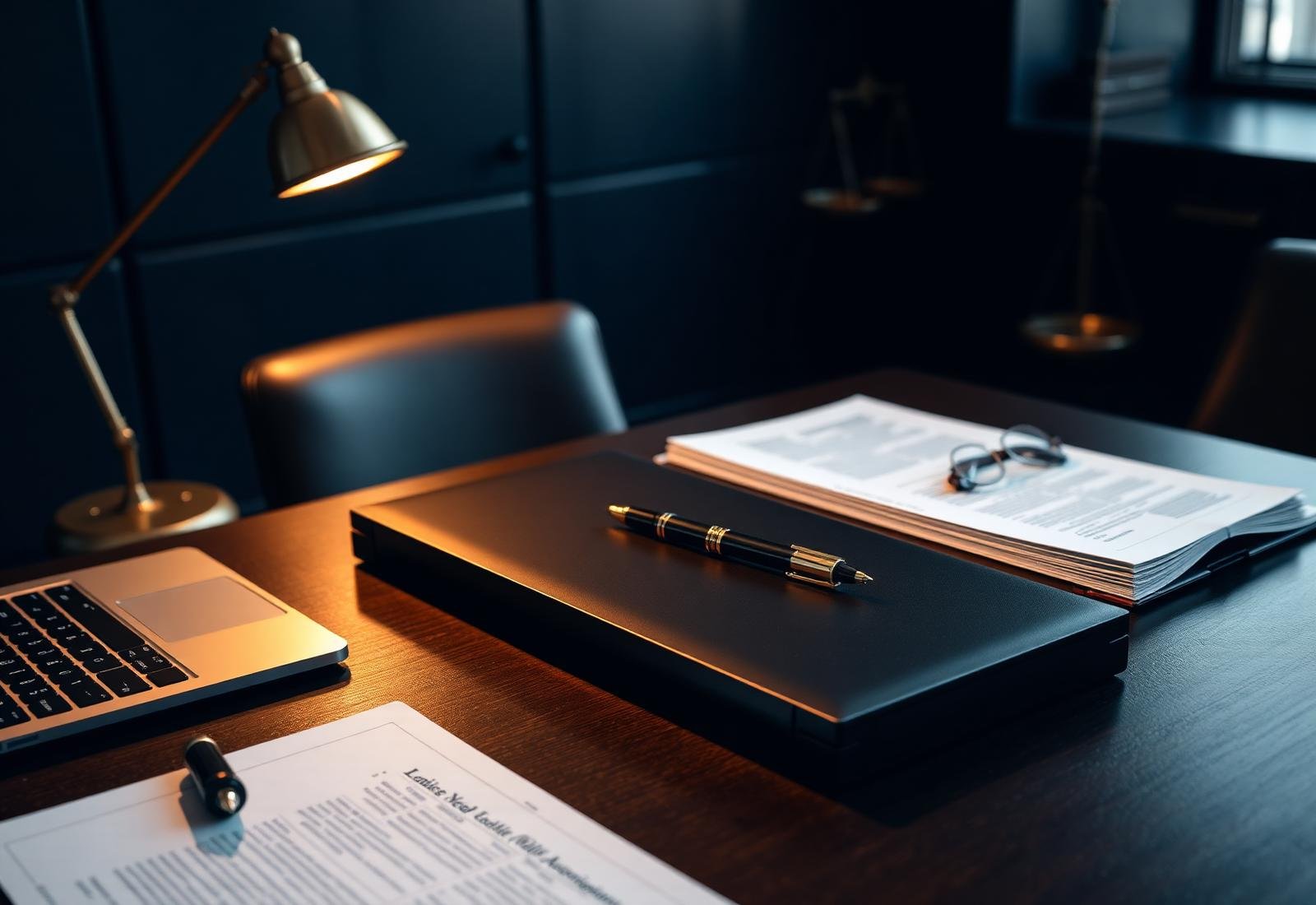 Professional legal office desk prepared for document review